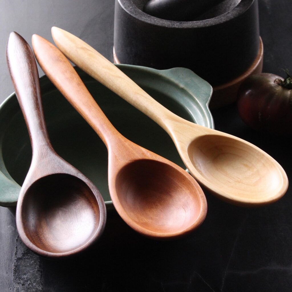 Handmade heirloom quality wooden stirring and mixing spoon hand hand - carved from Cherry wood, Maple wood, and Walnut wood.